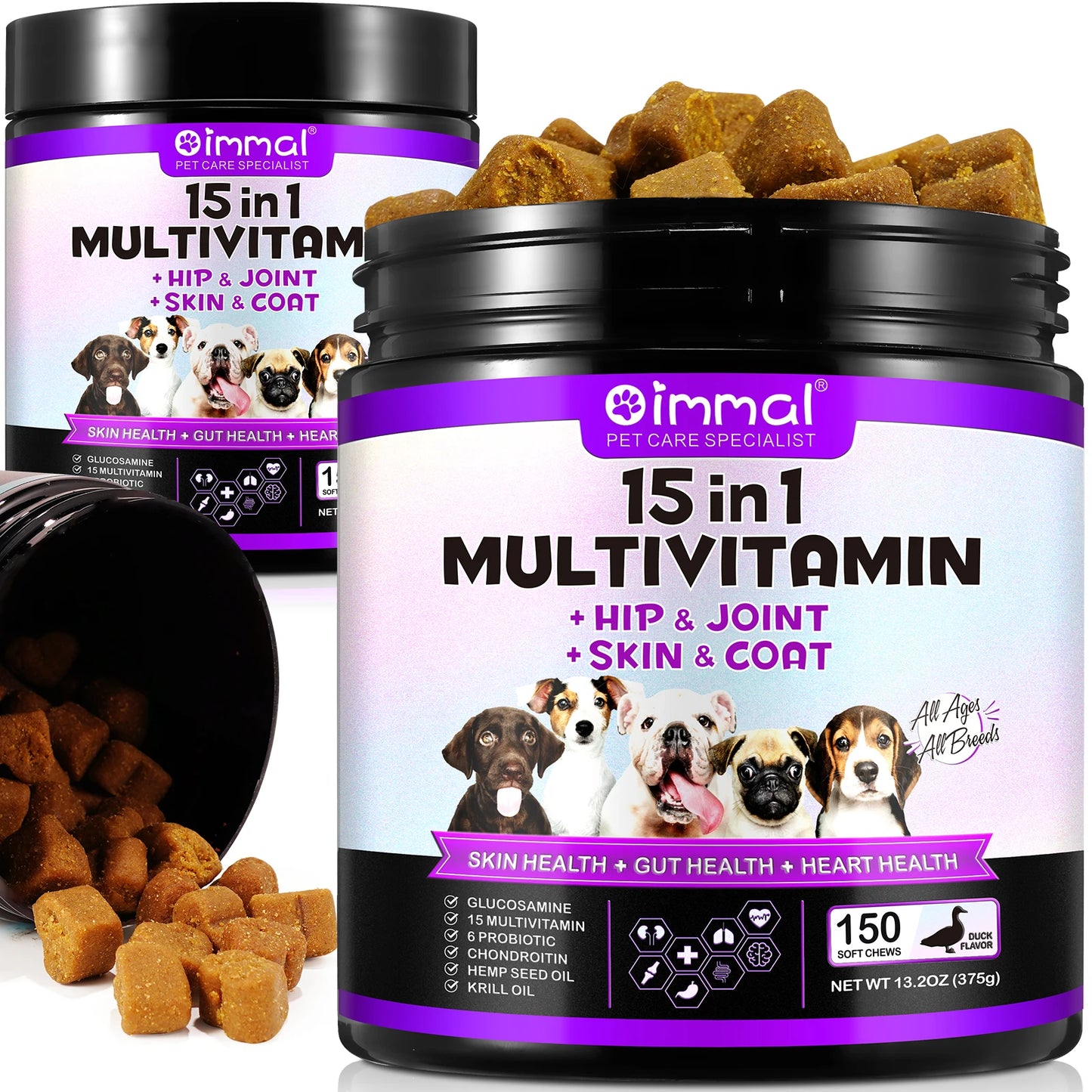 Oimmal 15-in-1 Multivitamin + Hip & Joint + Skin & Coat with Duck Flavor 150 Chews