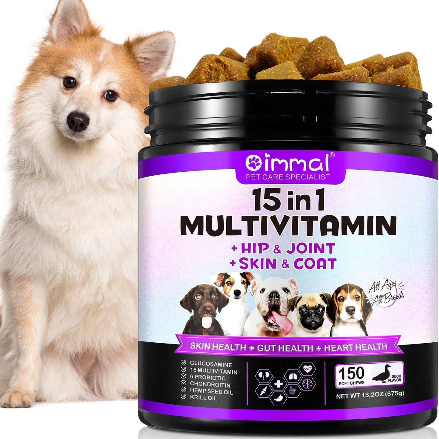 Oimmal 15-in-1 Multivitamin + Hip & Joint + Skin & Coat with Duck Flavor 150 Chews