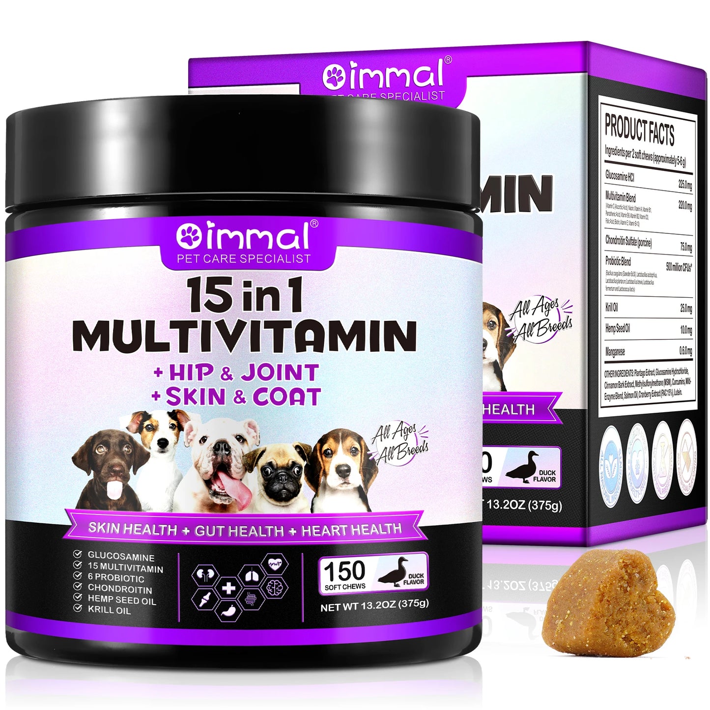 Oimmal 15-in-1 Multivitamin + Hip & Joint + Skin & Coat with Duck Flavor 150 Chews