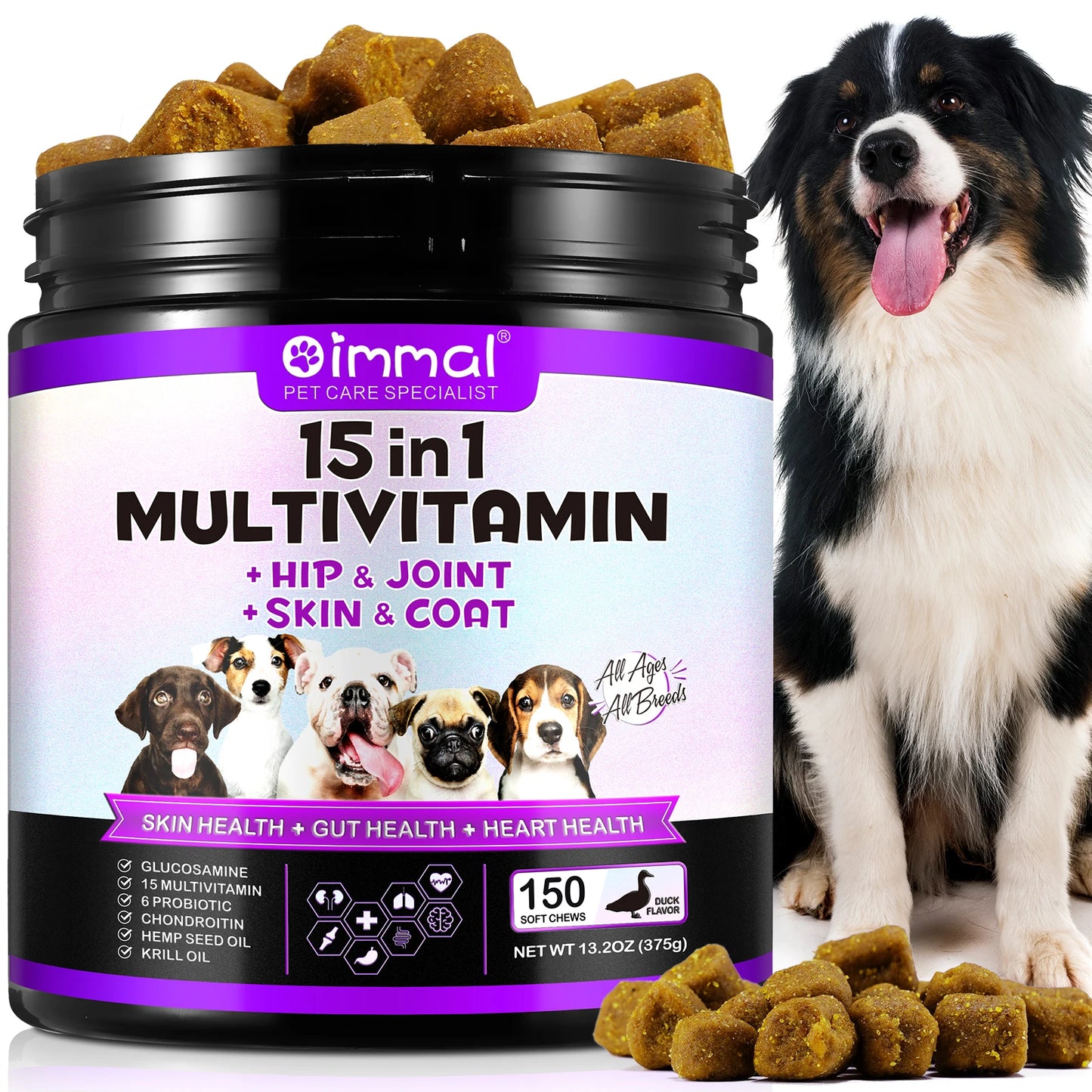 Oimmal 15-in-1 Multivitamin + Hip & Joint + Skin & Coat with Duck Flavor 150 Chews