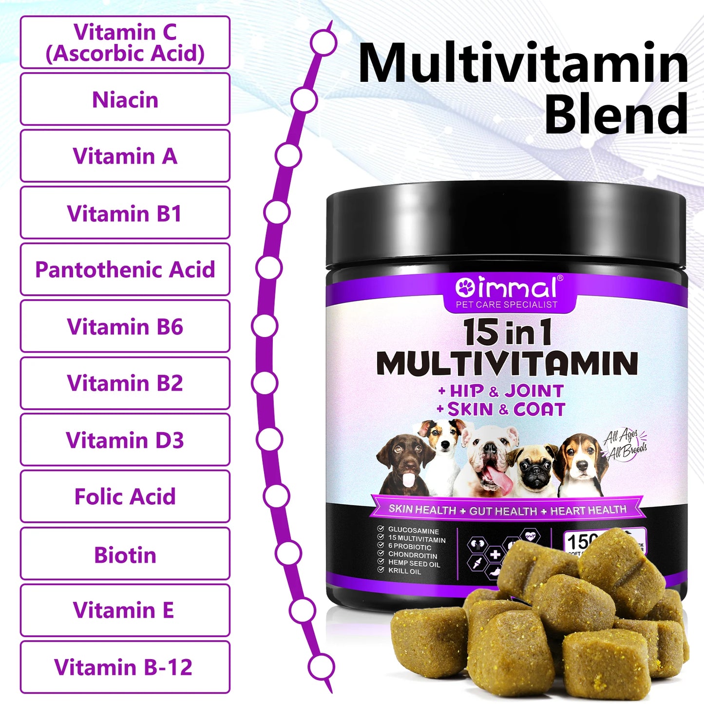 Oimmal 15-in-1 Multivitamin + Hip & Joint + Skin & Coat with Duck Flavor 150 Chews