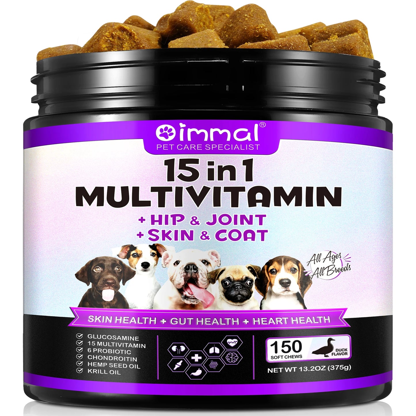 Oimmal 15-in-1 Multivitamin + Hip & Joint + Skin & Coat with Duck Flavor 150 Chews