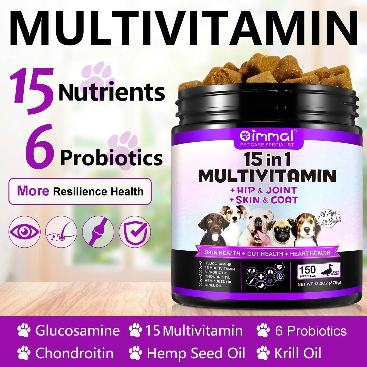 Oimmal 15-in-1 Multivitamin + Hip & Joint + Skin & Coat with Duck Flavor 150 Chews